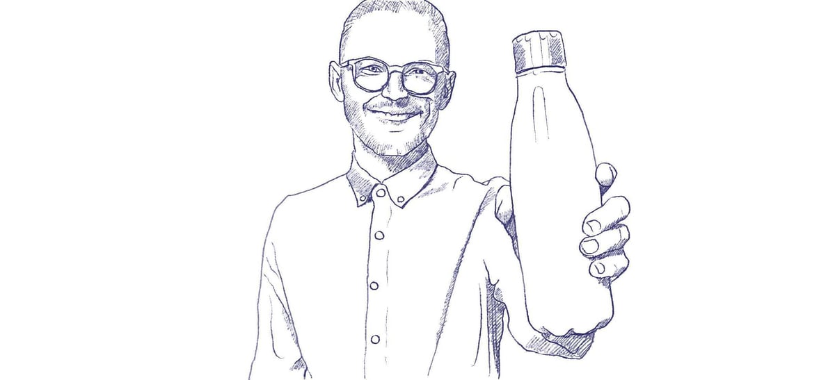 A printed sticker on a water bottle
